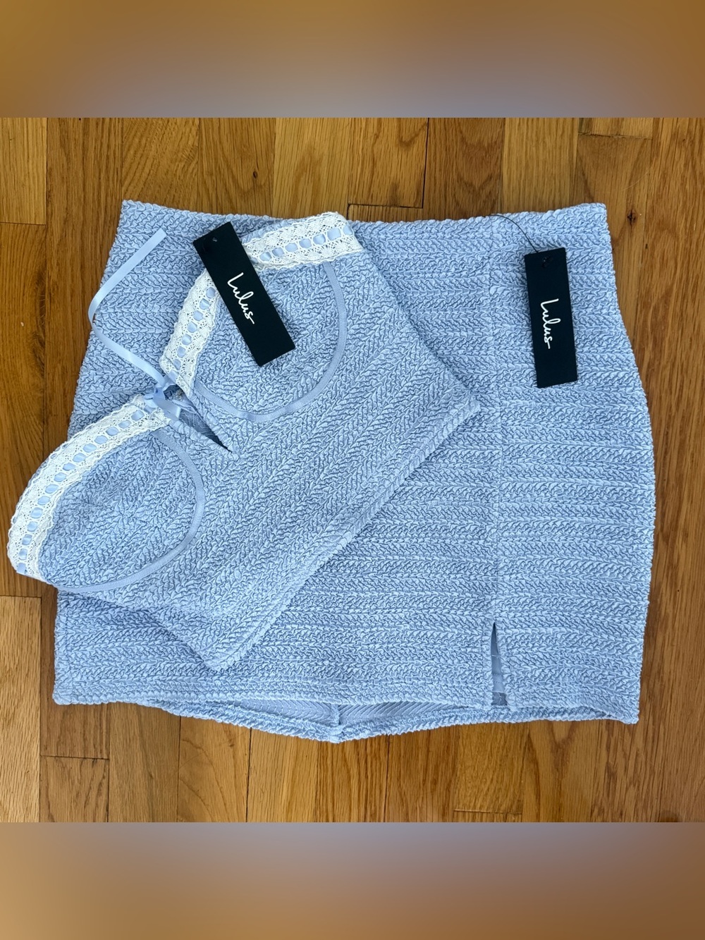Lulus Light Blue & Ivory Smocked Crop Top & Mini Skirt Set NWT Top S Skirt L